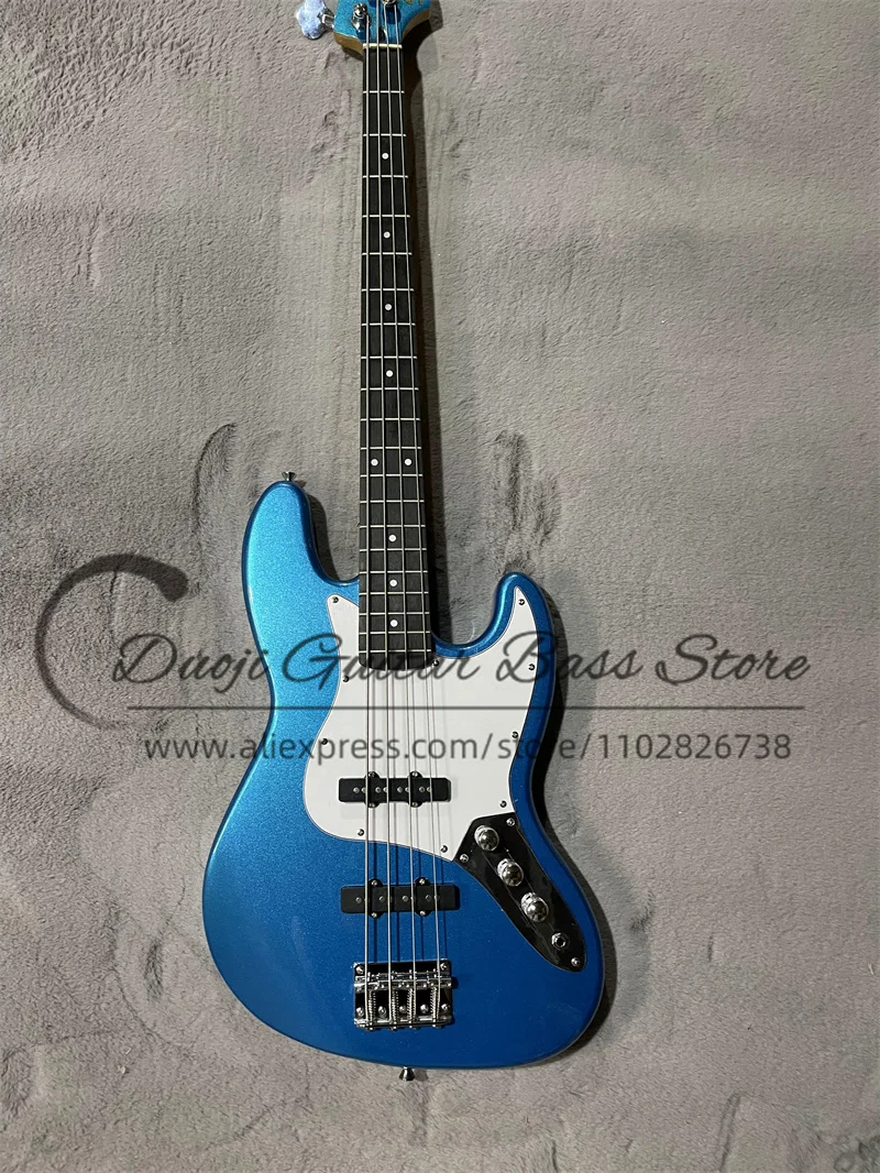 Metal Blue Bass 4 Strings Electric Bass  Solid Body  Rosewood Fingerboard Maple Neck White Pickup Guard Factory Custom