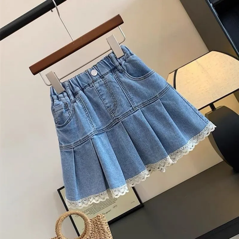 100-160cm Kids Girls' denim skirt 2025 summer new stylish Korean version loose lace pleated skirt for little girls