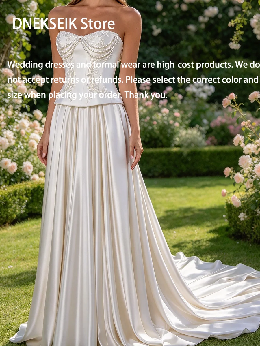 Classic Sweetheart Satin Beading Sleeveless Pleat Straight Bride Wedding Dresses Bridal Gowns Customized
