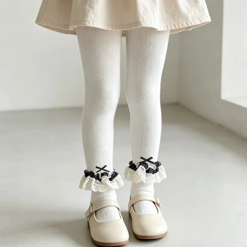 Lovely Girls Autumn Tights Dual Purpose Crotch Design Plaid Embroidery Lace Splice Fringe Bow Decor Stretch Comfortable Leggings