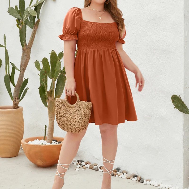 فستان نسائي صيفي قصير مقاس كبير، مقاسات كبيرة، فستان صيفي مثير بياقة مربعة للشاطئ، فساتين كاجوال بأكمام قصيرة منتفخة للعطلات