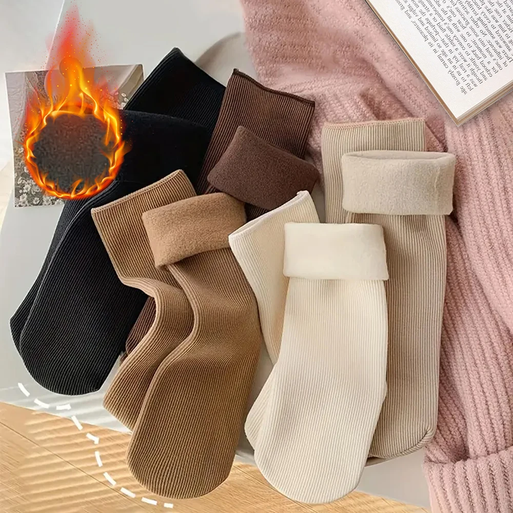 5 pares de calcetines cálidos de invierno sólidos para mujer, calcetines térmicos gruesos, calcetines de nieve sin costuras de piel negra, calcetines Unisex