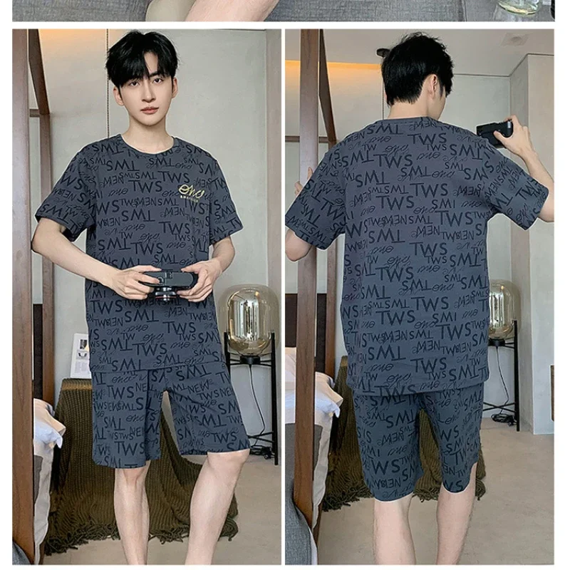 Large Size Men Pajamas Summer Short Sleeve Shorts Cotton Loose O-neck Sleepwear Big Yards Young Male Home Clothes Outside Wear