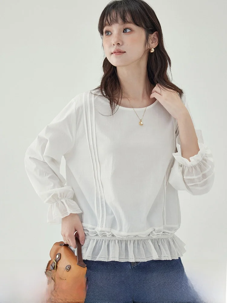 

Original AMUU White Ruffle Sve Sweet Sle Women's irt North Island Fall New Arrival Long Sve Breathable Comfortable ...