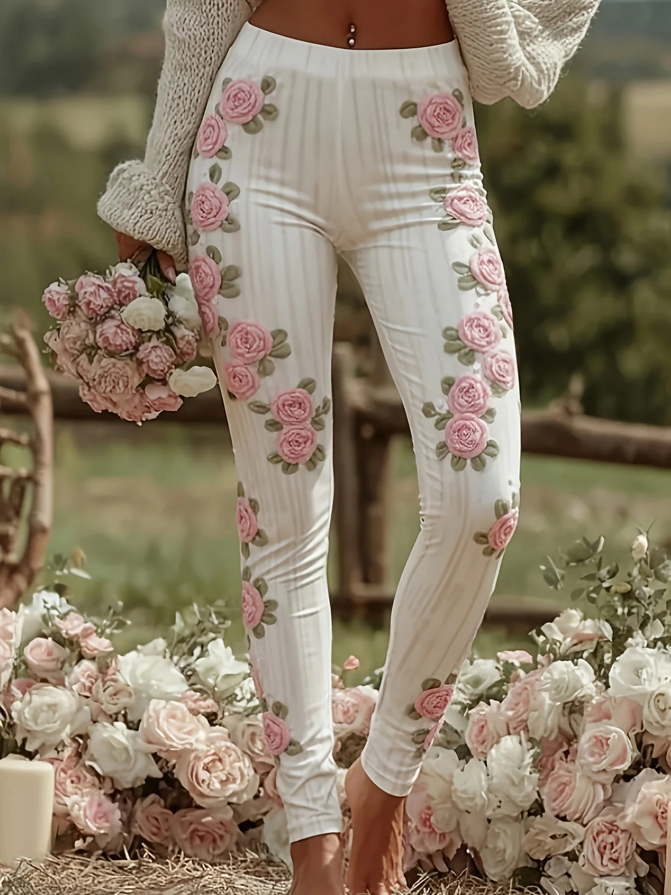 Women Vertical Stripe Pink Rose Print Fleece Lined Leggings Mid Waist Stretch Yoga Sports Pants