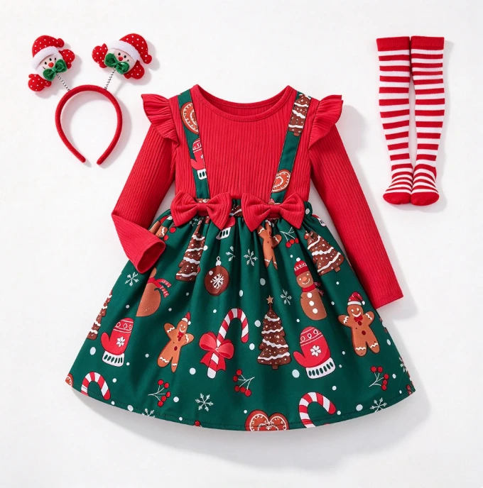 Girls Autumn Winter Fake Two Piece Spliced Dress With Christmas Style Printed Headband Socks For Holiday Party Daily Casual Wear