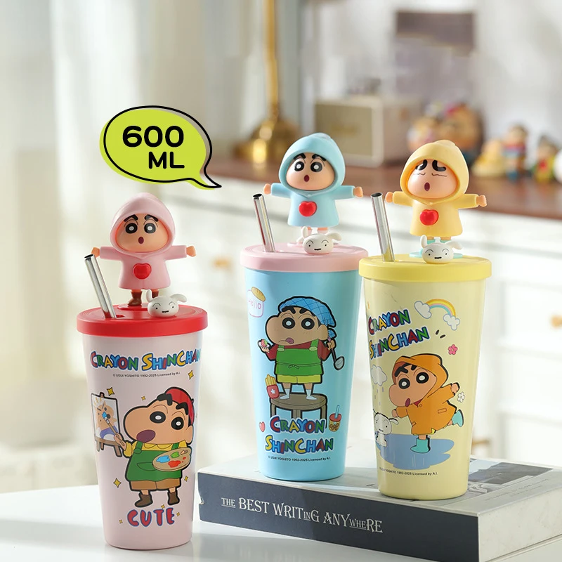 600Ml Cartoon Straw Thermos Cup Anime Crayon Shin-Chan Portable Cute Large Capacity Water Cup Change Face Doll Water Bottle
