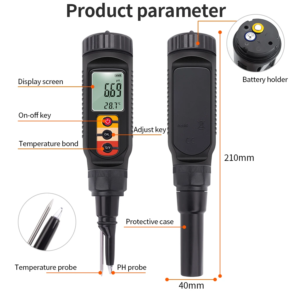 Digital Food PH Meter Water Temp Acidity Tester for Dough Fruit Cheese Meat Bread Soil PH Meter 0.00~14.00 High Accuracy