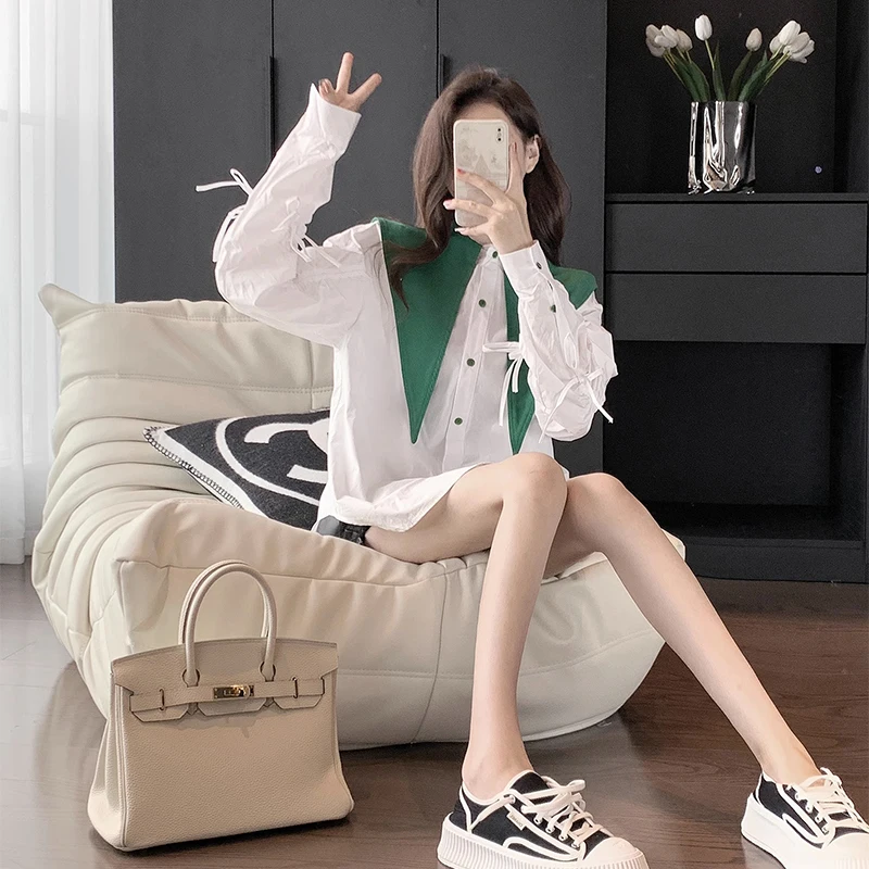 

Свободная женская рубашка с длинным рукавом для ранней осени в корейском стиле, модная, в университетском стиле, с оригинальным дизайном, универсальная, для повседневного образа.