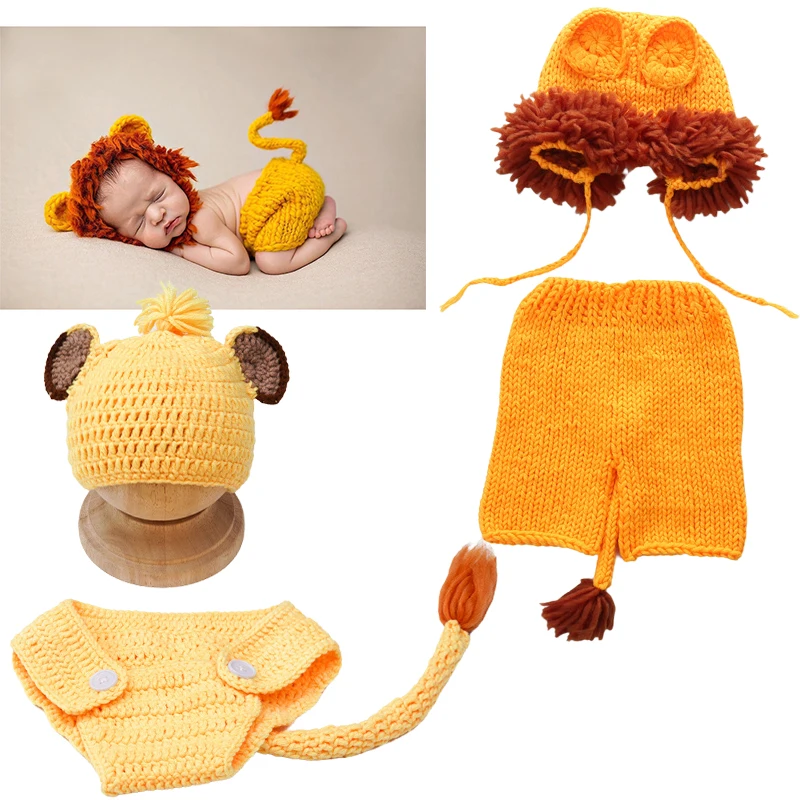 Halloween Photography Outfits Props Simba Lion Hat and Pants Soft Knitted Wool Weaving Costume Sets Newborn Photoshoot Clothing