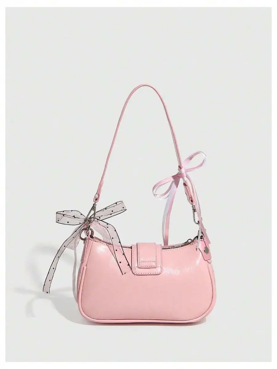 Bolso hobo de charol rosa con lazo decorativo, mini bolso bandolera para mujer