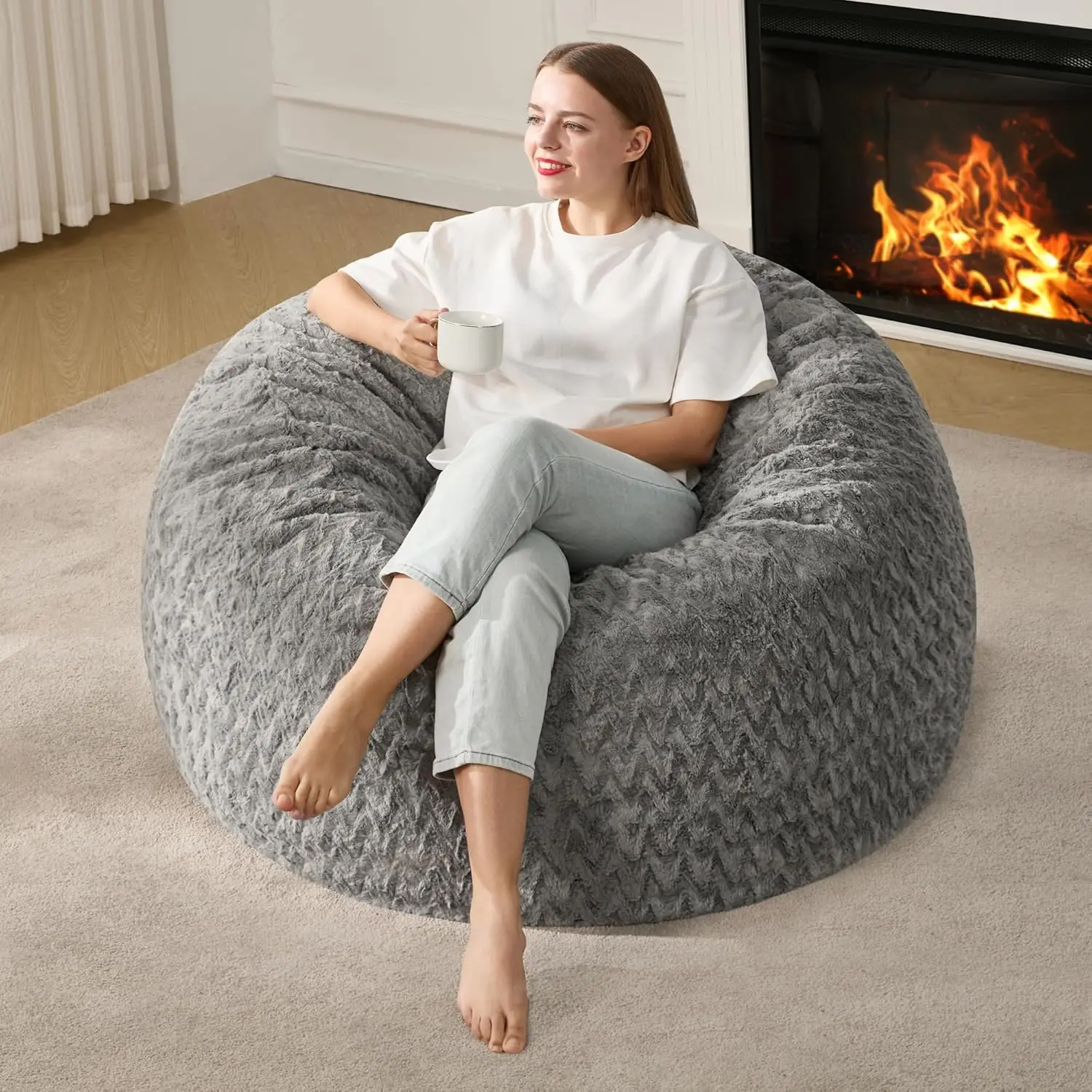

Large 3ft Bean Bag Chair with Plush Fur Cover for Living Room, Bedroom, Office - Grey (36x36x22)