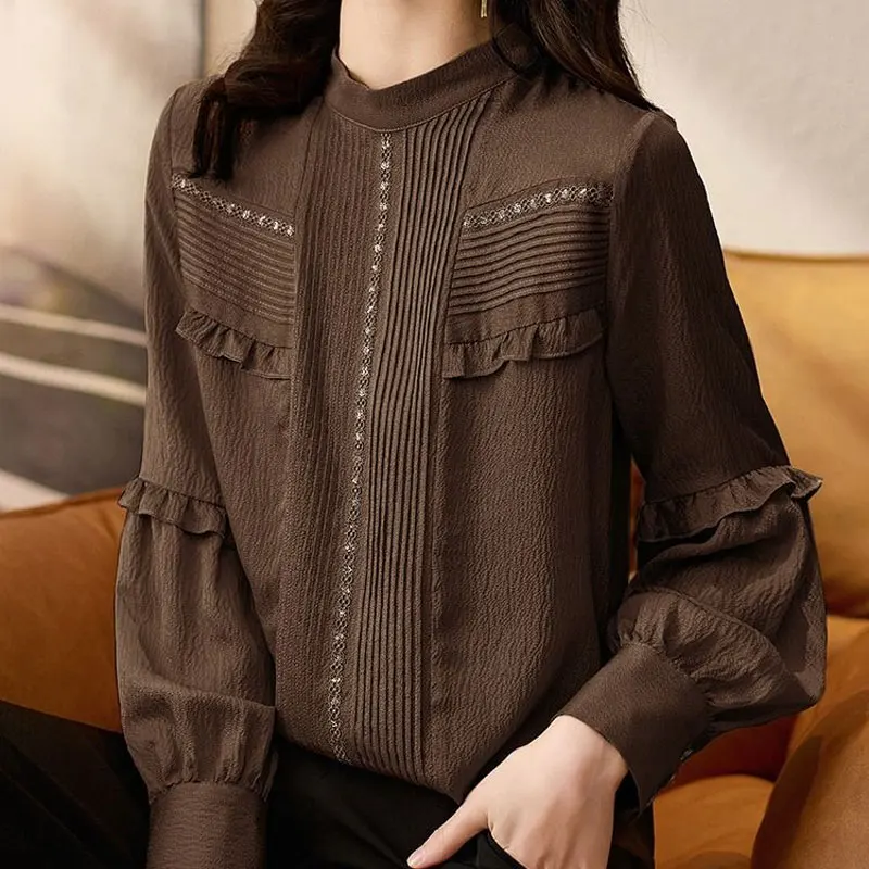 Camisa básica de encaje plisado para mujer, blusa empalmada con volantes, cuello alto, Color sólido, moda coreana, primavera y otoño