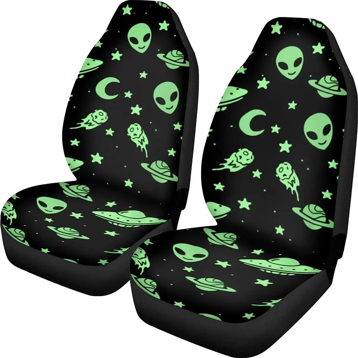 

Чехлы на автомобильные сиденья Green Alien Moon UFO Star, универсальные чехлы на сиденья для внедорожников, защита передней подушки для 2 упаковок, комплект аксессуаров