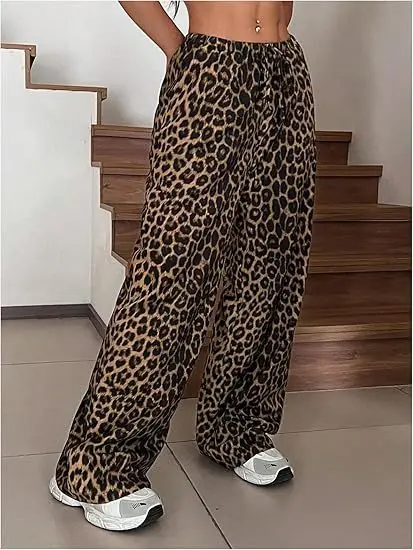 Straight Cut Loose Fit Casual Pants Fashionable Vintage Style Women's Y2K Leopard Print High Waist Elastic Waist Leg Trousers