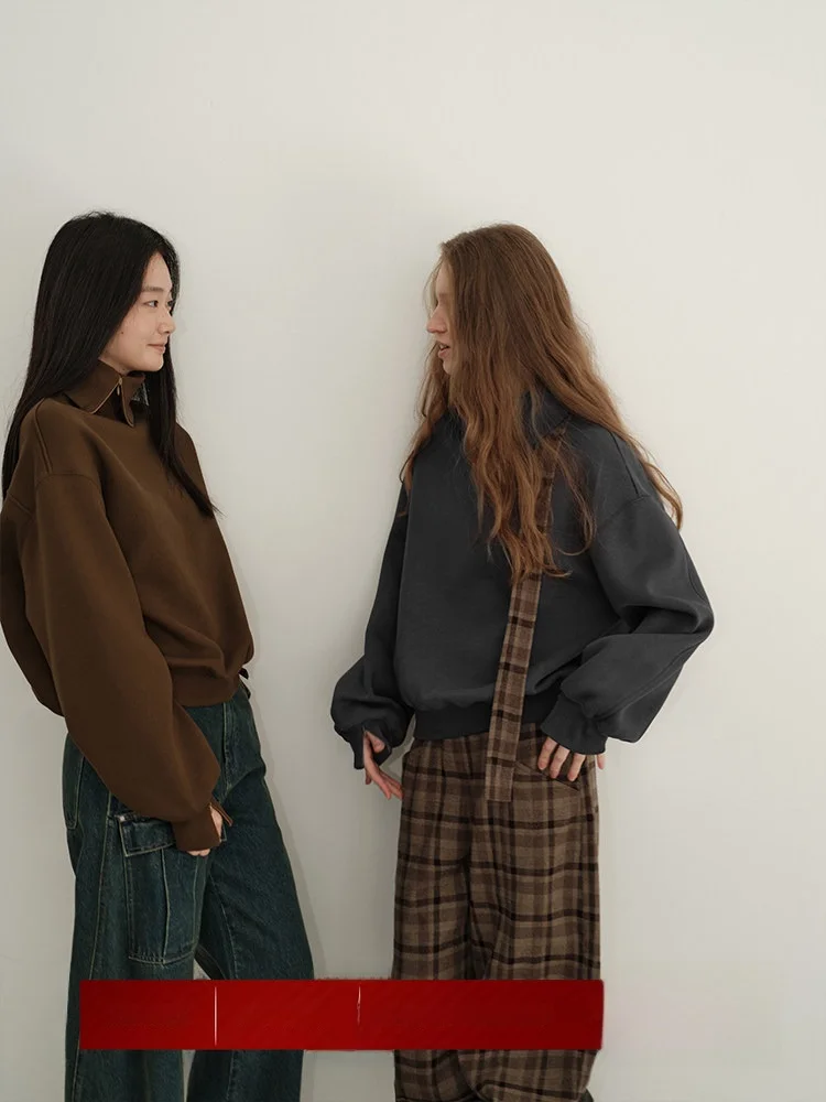 

Veega Chic Silk Blend Fce Lined Loose Hoodie Stand Collar Design Women's Casual Comfortable Cotton Polyester Sweatirt