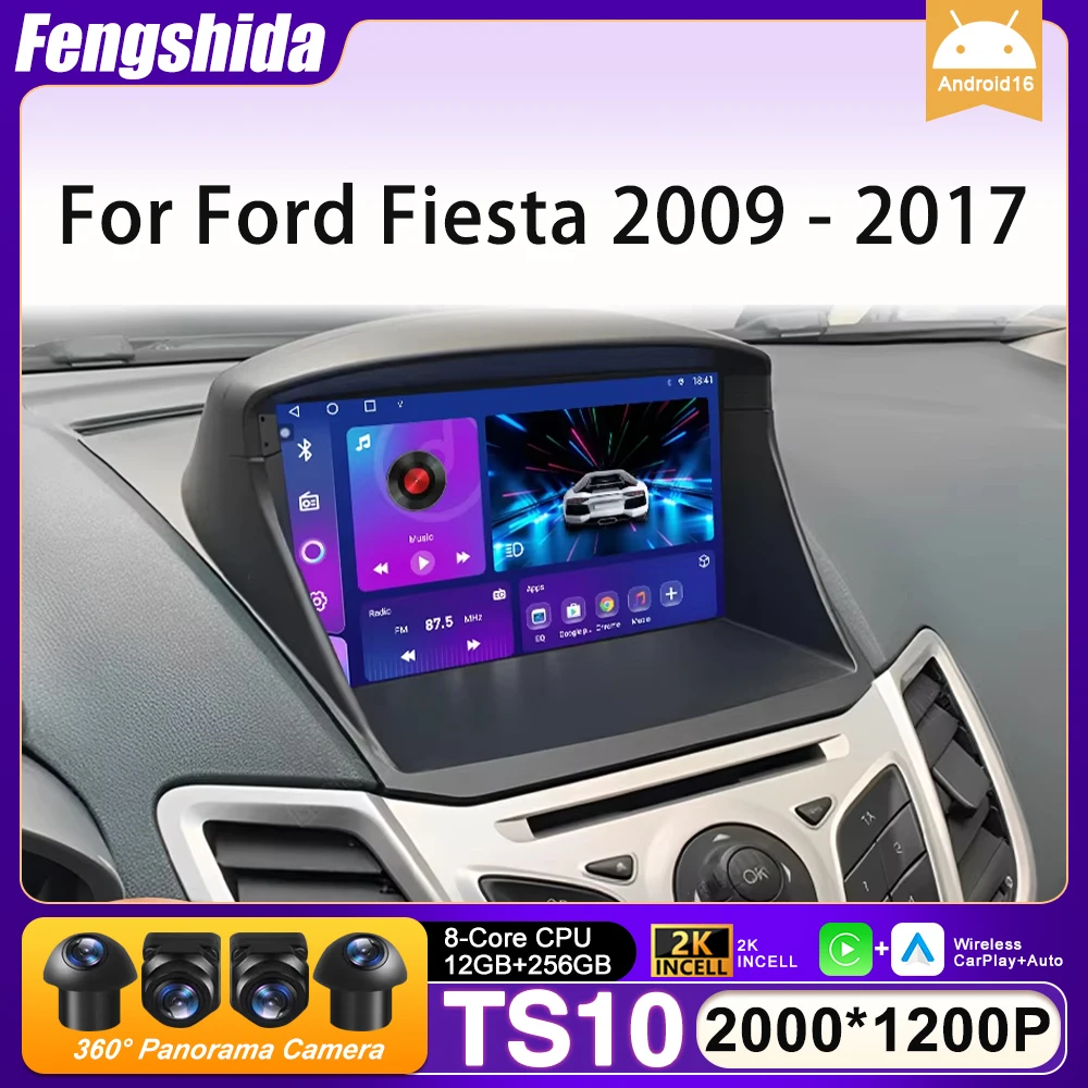 Rádio de Carro Android 16 para Ford Fiesta 2009 - 2017, Navegação GPS, Android Auto, Carplay, Wifi, Tela de Vídeo Estéreo, Display 4G, Não 2din
