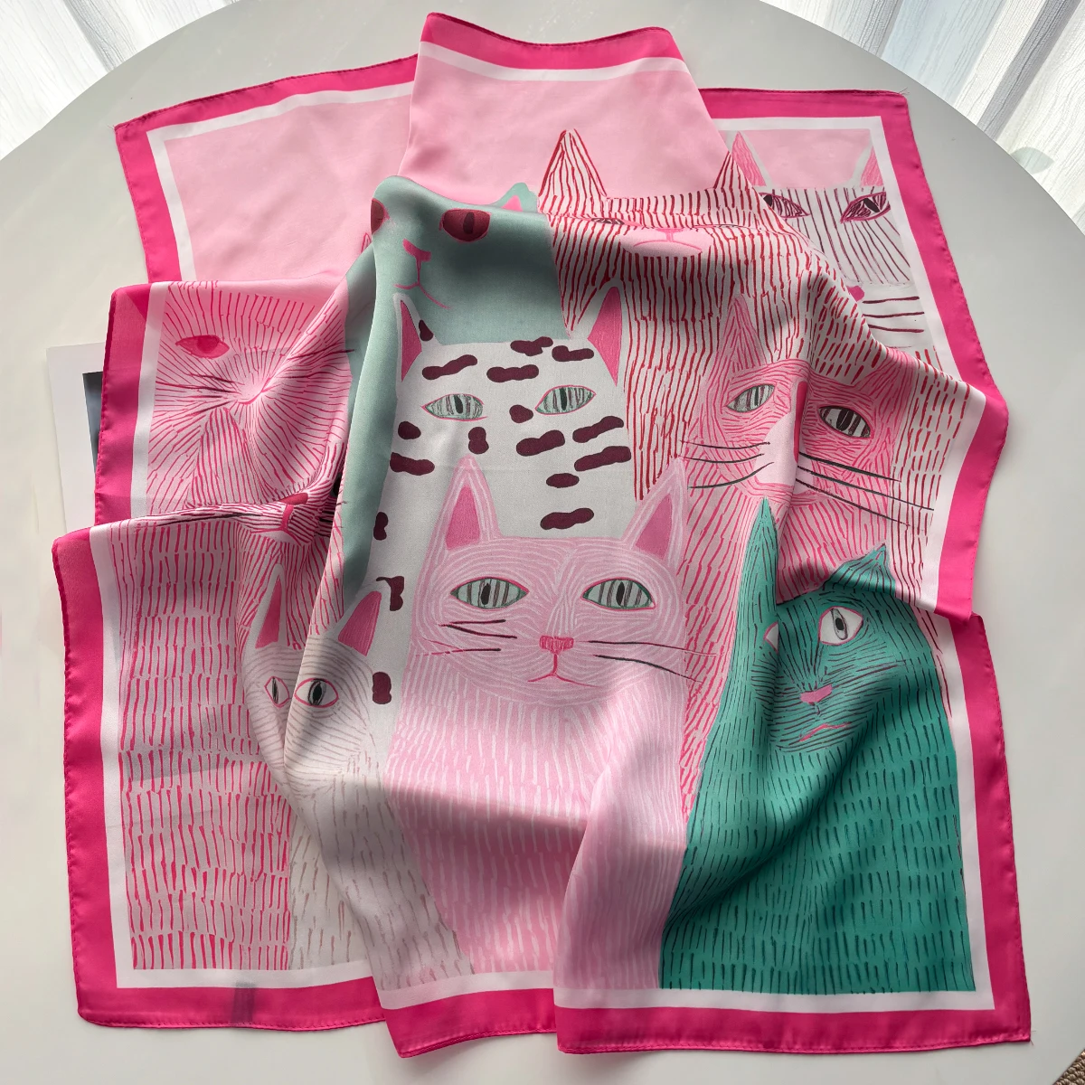 

2026 Women Square Scarf Silk Imitation Cute Cat Cartoon Print Neckerchief Bandana Lady Shawl Scarves Wrap Head Hair Band Ties
