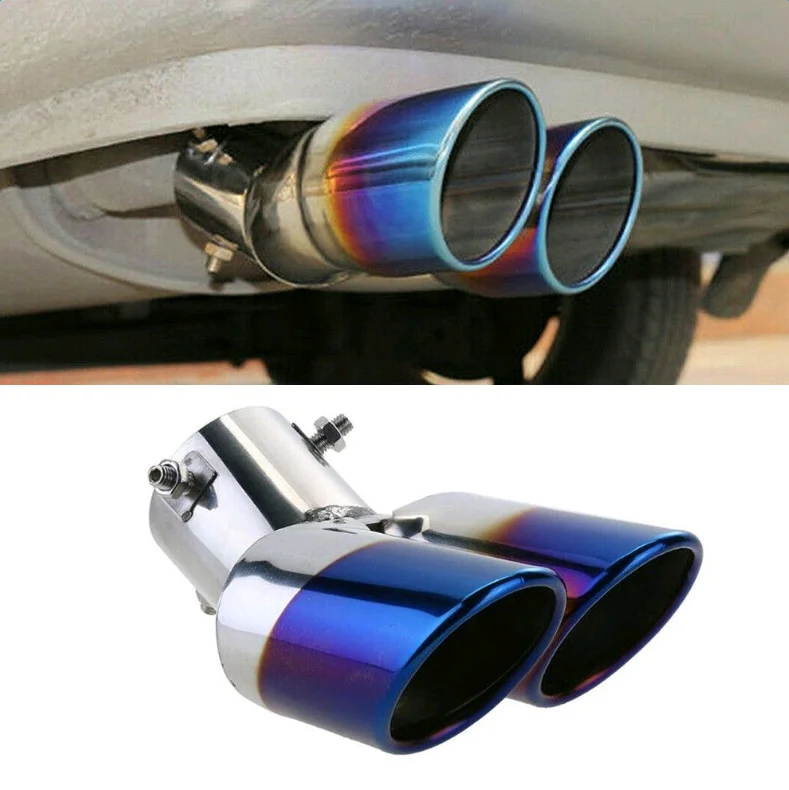 

Car Rear Dual Exhaust Pipe Tail Muffler Tip Throat Tailpipe Blue Stainless Steel For Tail Pipe Circular Flat Dual Outlet Pipe