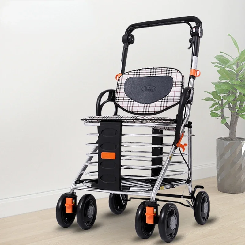 Comfortable Back Elderly Shopping Cart Trolley Walking Chair Walkers for Disabled People Can Sit Folding Adult Walking Walker