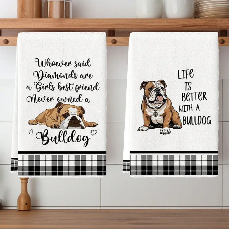 2Pcs, Bulldog Cute Quotes Kitchen Towels, 40Cm*60Cm Towel Set, Super Absorbent Soft Cleaning Cloth, Cooking and Baking Tea Towel, Hand Towel, Cleaning Cloth, Dishcloth, Kitchen Decoration, Living Room Decoration, Kitchen Essentials, Home Essentials