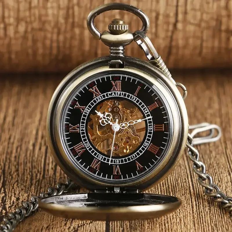 Antique Bronze Hollow Fish Steampunk Hand-winding Mechanical Pocket Watch Pendant Chain Retro Clock for Women Men Gift