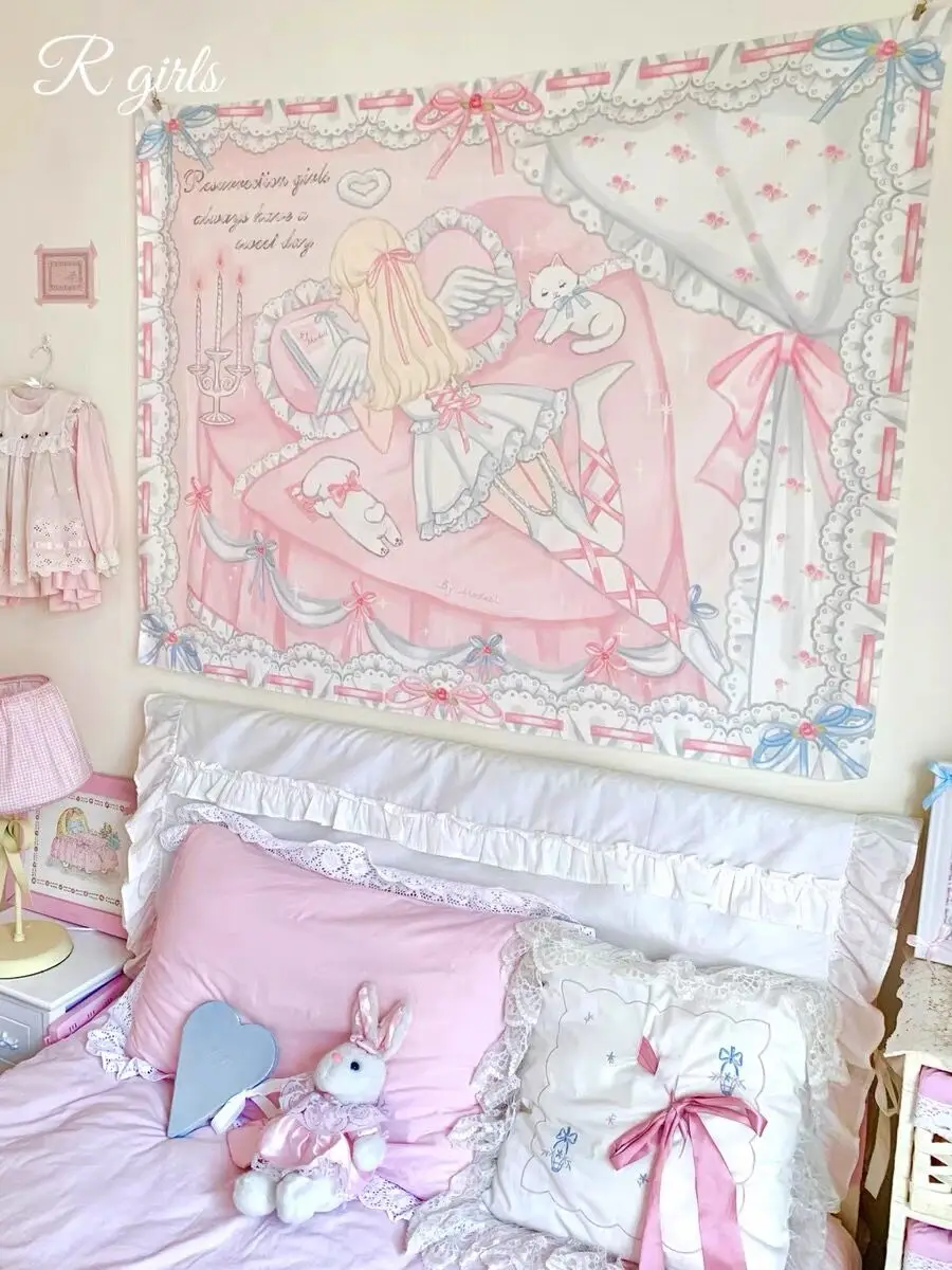 Small Fresh Home Tapestry, Cartoon Bedside Hanging Cloth, Cute Little Pink Background Cloth, Dormitory Bedroom Decoration Cloth