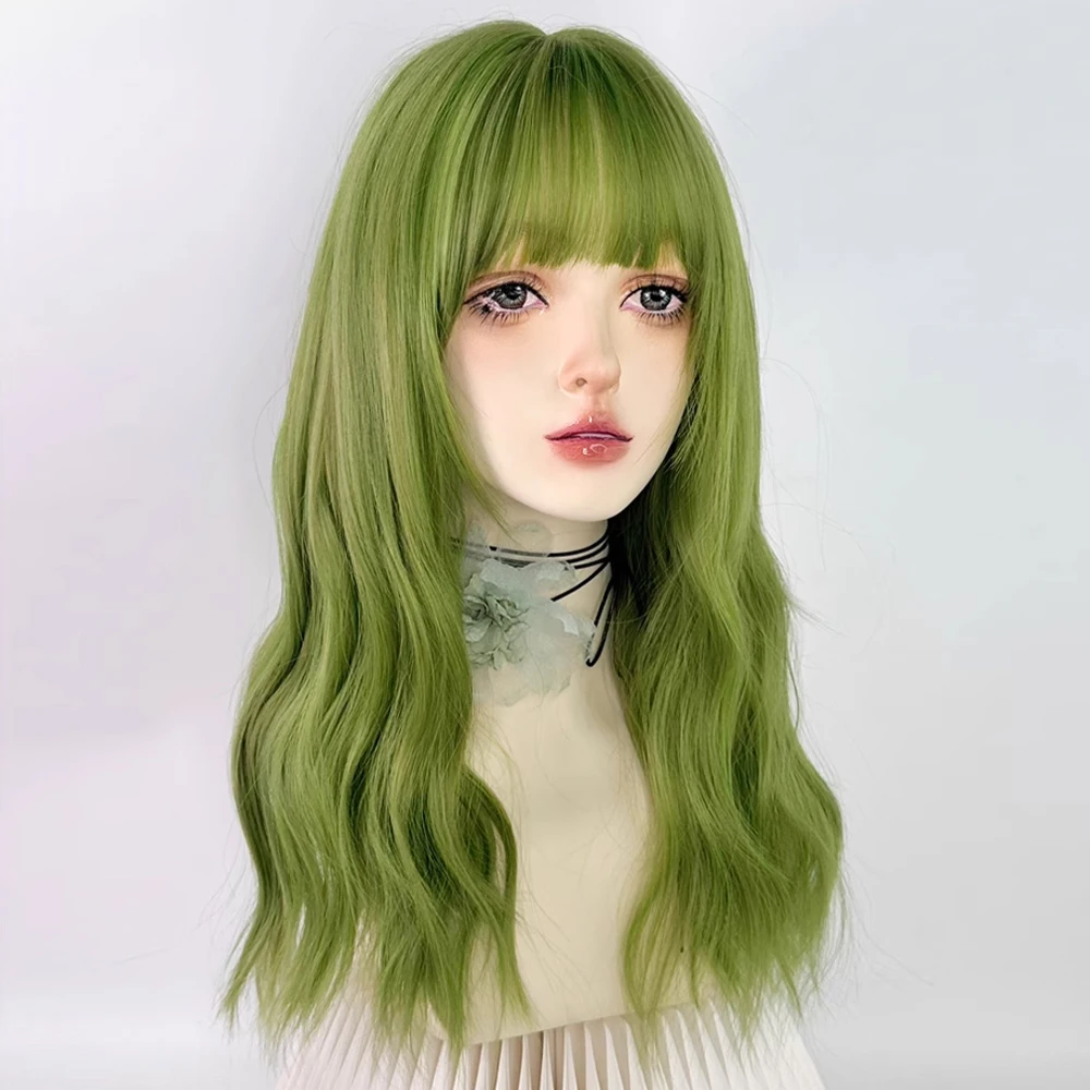 VICWIG Synthetic Long Green Wavy Curly Wigs with Bangs Lolita Cosplay Fluffy Women Natural Hair Wig for Daily Party