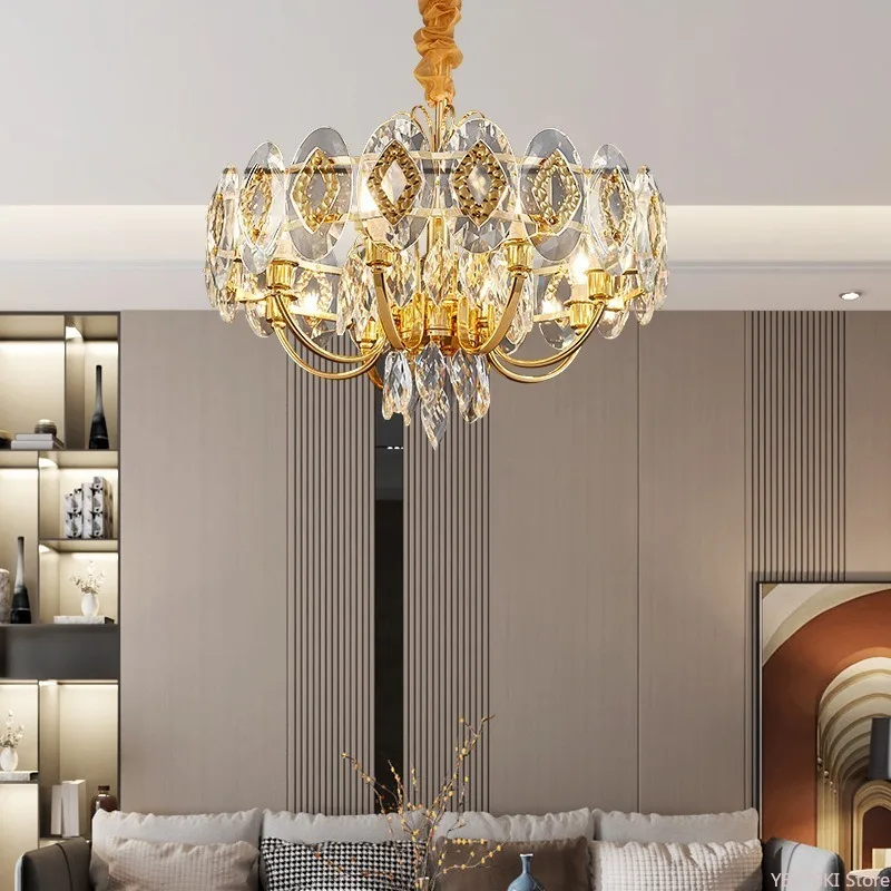 

Light luxury style round crystal chandelier, living room lamp, Hong Kong-style modern simple villa model bedroom lamp