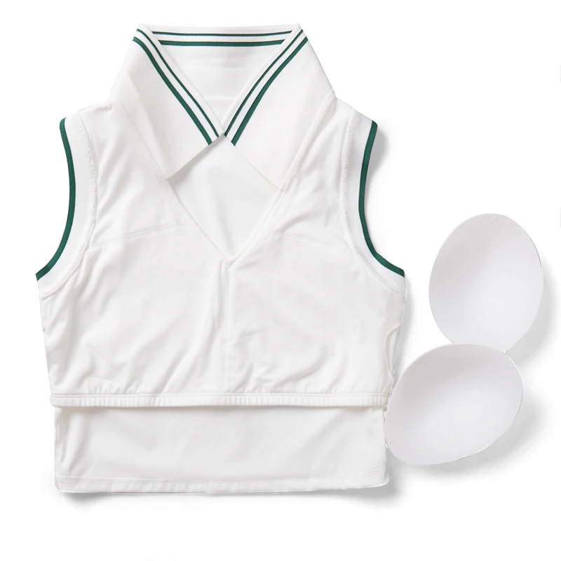 Women Fitness Yoga Top Sleeveless Slim Fit Lapel Running Crop Top Breathable Quick Dry Gym Vest With Chest Pads Female T-Shirt image 6