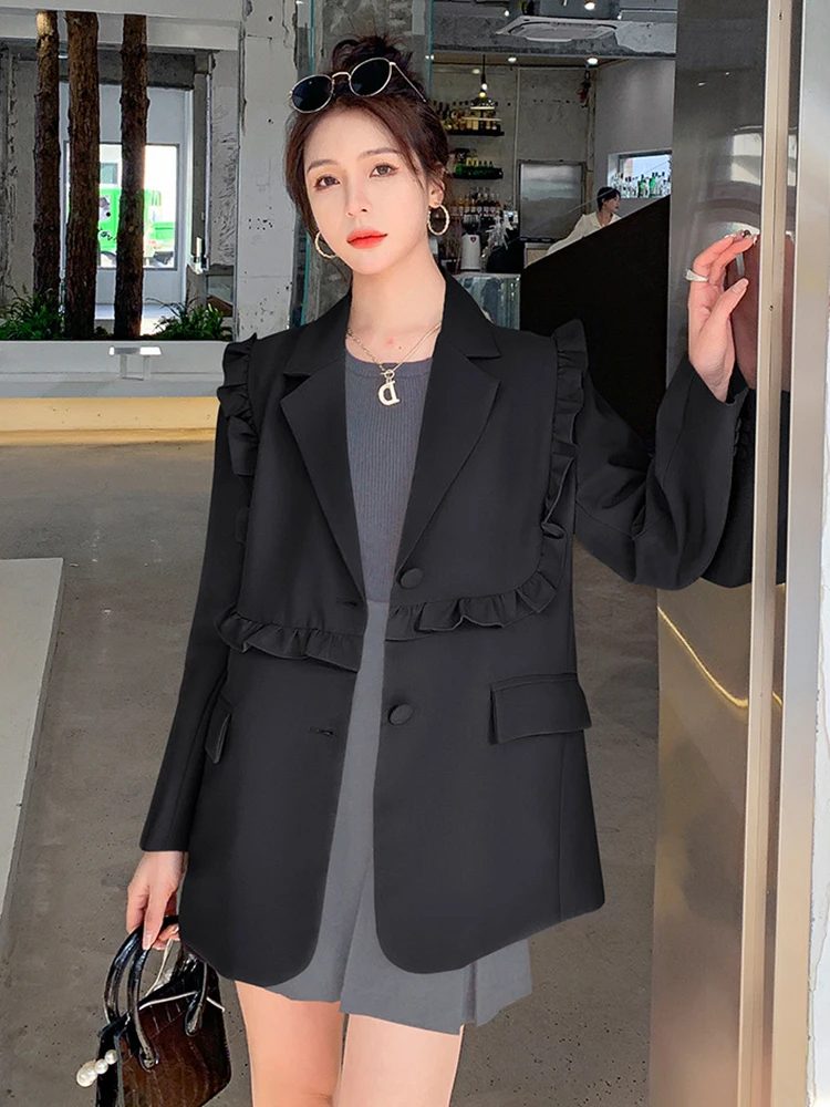 LANMREM Blazers For Women 2023 Long Sleeves Ruffles Single Breasted Solid Color Niche Coats Korean Style Trendy Clothing 2DA1669