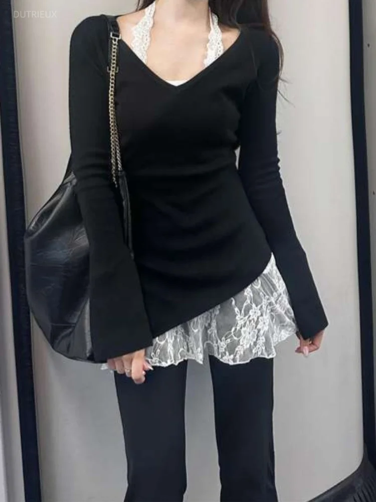 Y2k Aesthetic Two Pieces Set Women Irregular Solid Slim Fit T-shirt + Lace Embroidered Flower Halter Vest Autumn Grunge Suit