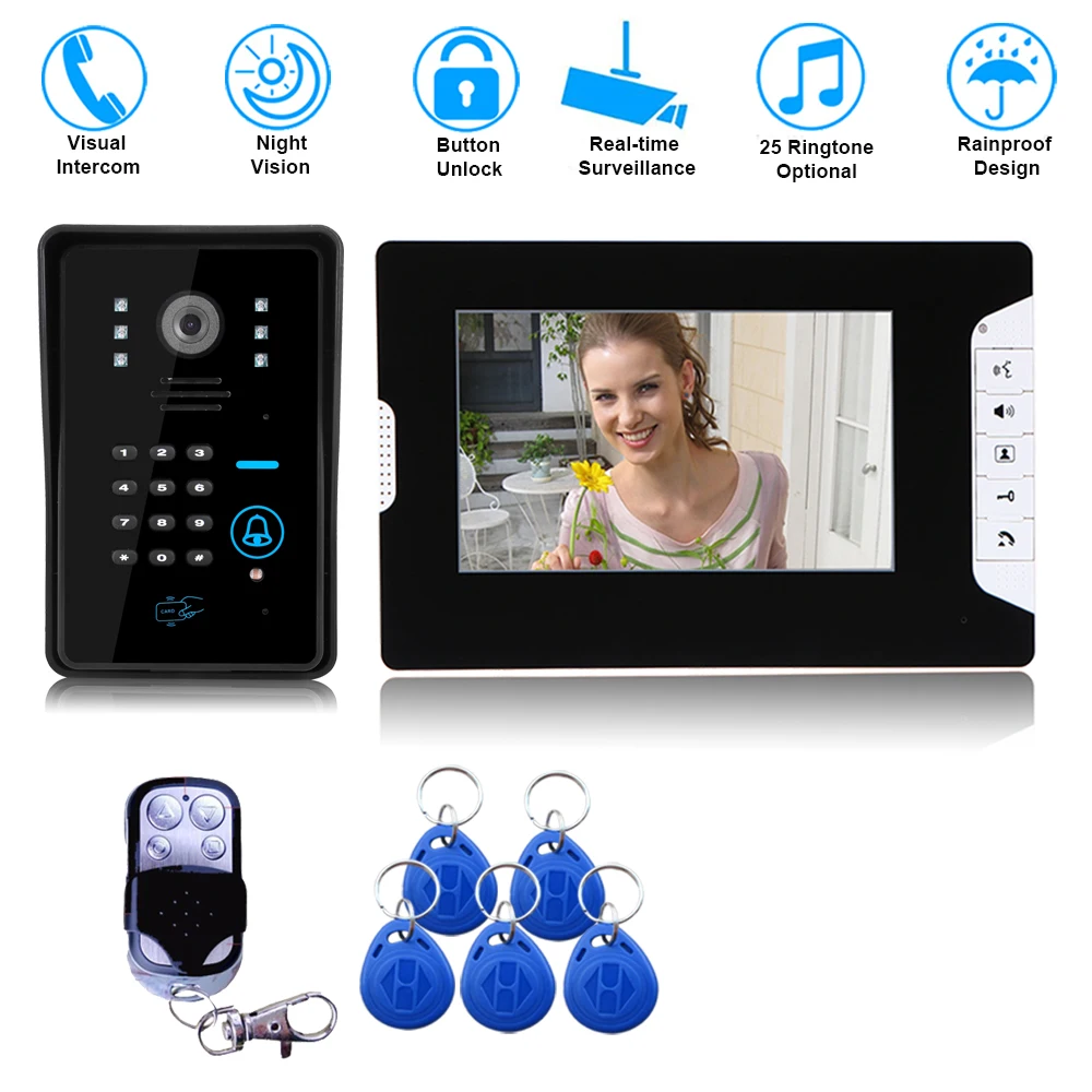 SYSD 7 inch Wired Video Door Phone Intercom for Home Rainproof Camera with Password RFID for the Apartment
