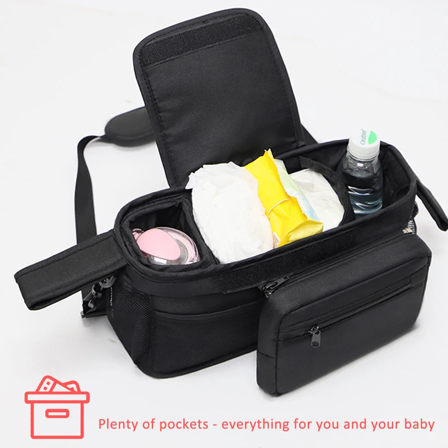 Baby Stroller Organizer with 2 Insulated Cup Holder Detachable Zippered Pocket & Adjustable Shoulder Strap, Universal Stroller