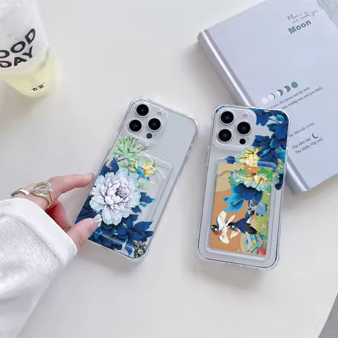 Clear Shockproof Card Slot Bag Phone Case S24 For Samsung Galaxy S24 Plus S23 S22 Ultra S21 S20 FE Flower Silicone Wallet Cover