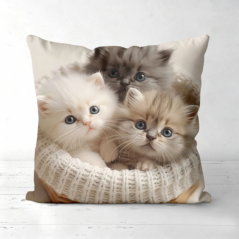 Three Fluffy Persian Kittens in Basket Double-Sided Pillow Cover, 1pc Cute Cat Decorative Cushion Case for Sofa, Bed Decor
