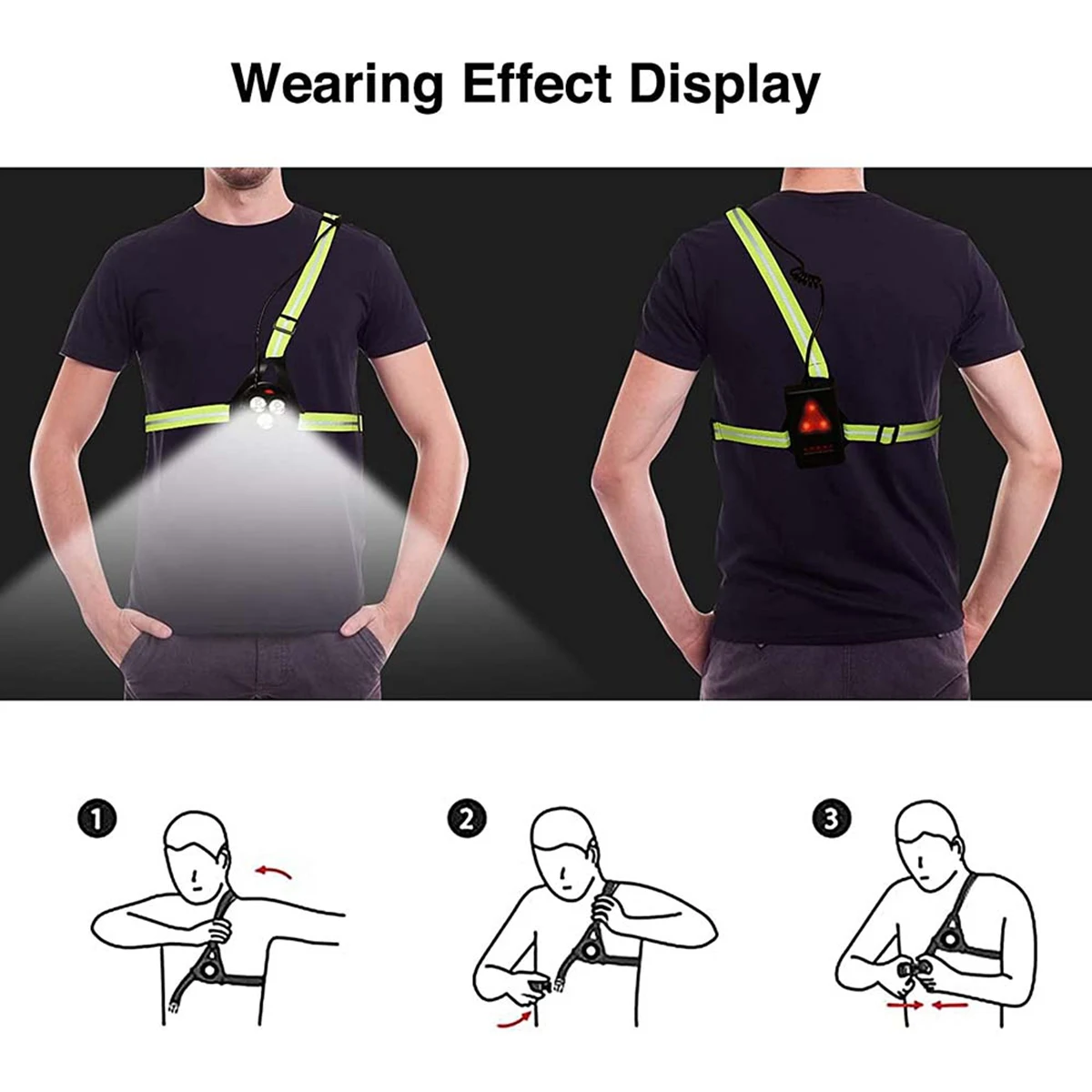 Night Running Lights for Runners, LED Chest Lamps with Reflective Vest Gear and Rechargeable Battery Charging Lights