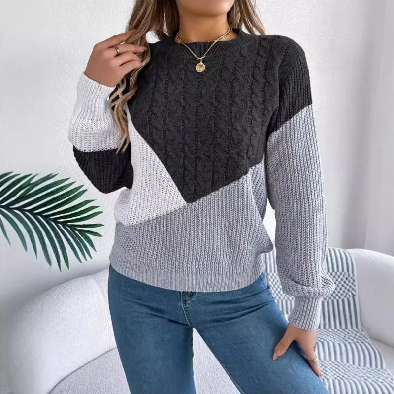 Solid Color Women's Knitting Fashion Sweater Autumn/Winter 2024 Casual Contrast Color Fried Dough Twists Long Sleeve Sweater New