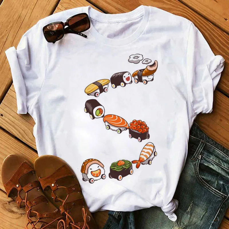 Vrouwen Zwarte T-shirts Zomer Leuke Sushi Knuffel Korte Mouw Tees Shirt Femme 2022 Zomer O-Nock Kawaii Kleding Tops dames T-shirt