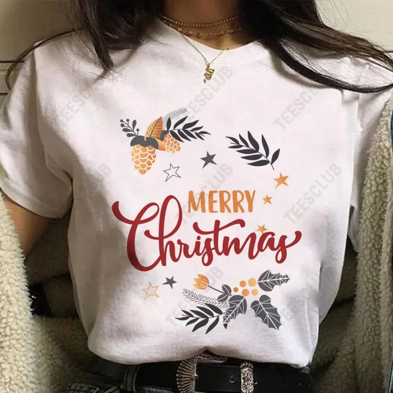 Women Short Sleeve T Shirt Merry Christmas Pinecone Holly Leaf Star Print Casual Holiday Festive Graphic Tee Top Graphic Tshirts