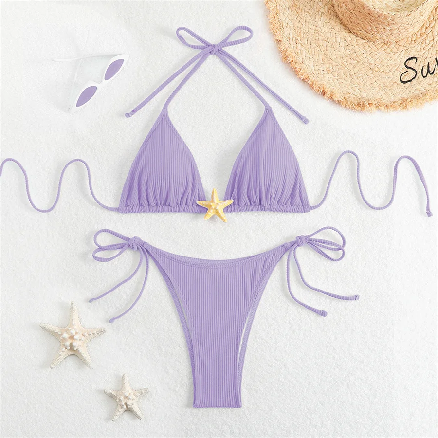 Women Swimsuits Separate Halter Bikinis Set With Chest Pad Solid Color With Starfish Beachwear Summer Vacation Two-Piece Sets