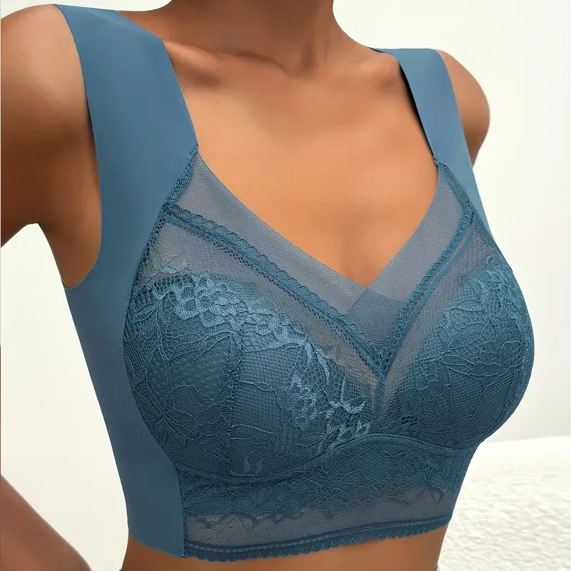 Womens Lace Bra Perspective Bralette Push Up Ice Silk Deep V Bra Sexy Lingerie Tops Plus Size Cup Mom\'s underwear L-5XL