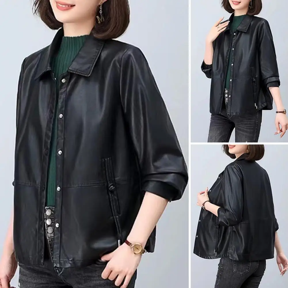 Button Closure Faux Leather Coat Retro Motorcycle Coat Women's Faux Leather Jacket with Turn-down Collar Pockets Plus for Travel