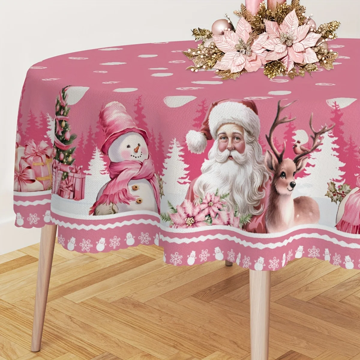 One circular Christmas tablecloth, a pink Santa Claus and reindeer snowman tablecloth.
