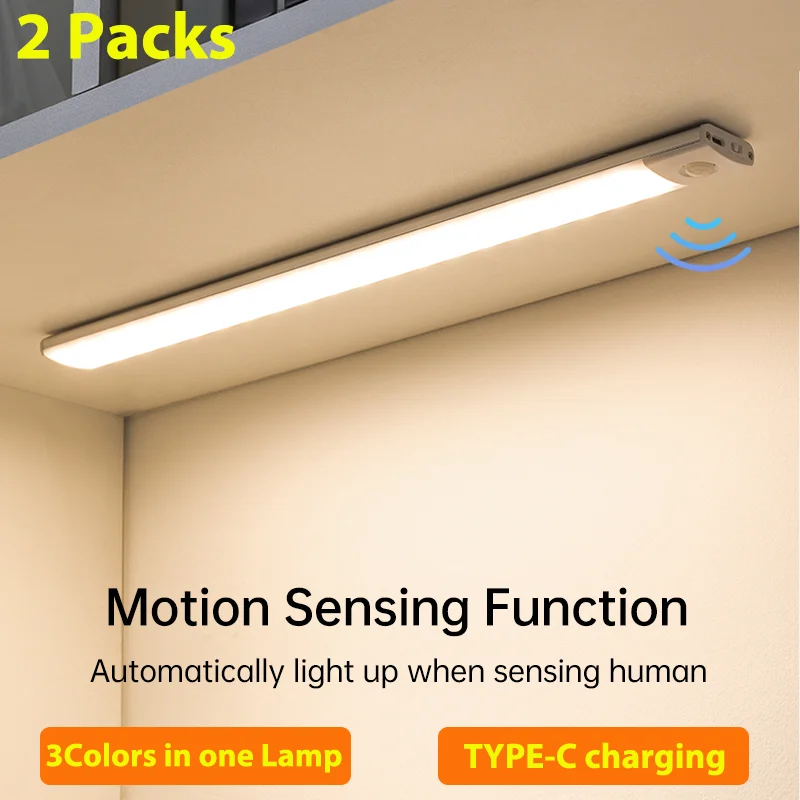 2 Stück LED-Lichtleiste, Schrankleuchte, USB Typ C, wiederaufladbar, Bewegungsmelder, LED-Lampe für Schlafzimmer, Küche, Kleiderschrank, Schrankbeleuchtung