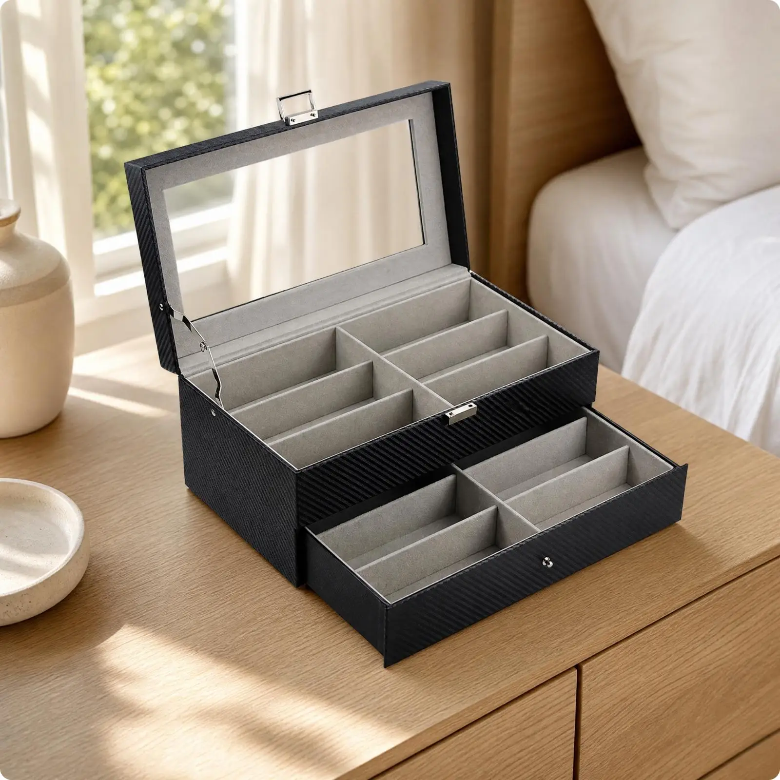 Hard PU Leather Glasses Organizer Box with Clear Window and Pull Out Drawer for Eyeglasses Sunglasses Storage Case