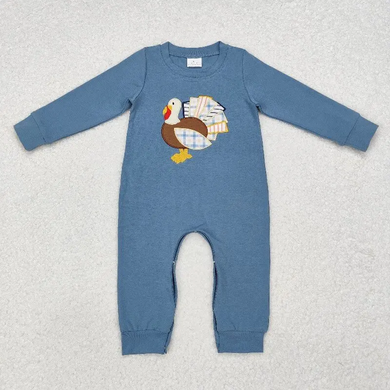

8.19y Thanksgiving Baby Boys Long-Sleeved Onesie Boutique Romper Embroidered Turkey Design Blue Outfit for Infants