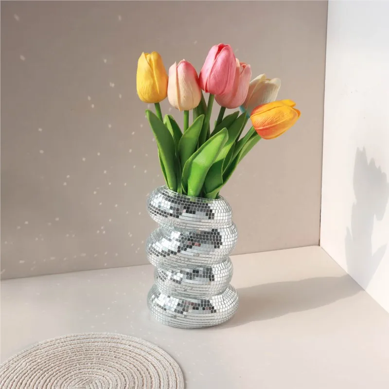 Disco Style Flower Vase Unique Glass Tiles Flower Bottle Disco Ball Planter Silver Mirror Vase Household Decor Flower Vase ZF987