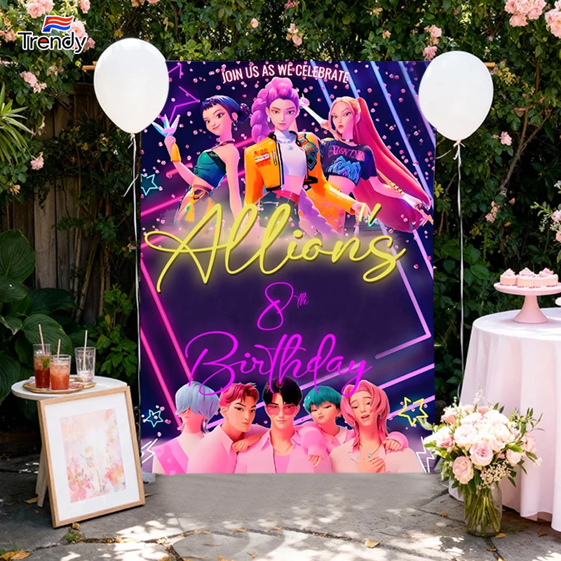 

KPOP Custom Birthday Backdrop Banner Girls Birthday Background Flag Banners Personalized Name Custom Banners Decor for Kids 7th
