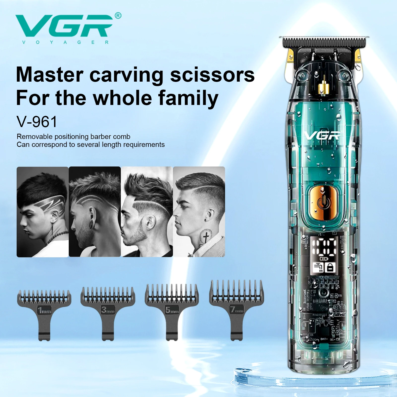 VGR 961 Hair Trimmer IPX7 Waterproof Hair Clipper Professional Haircut Machine Traver Lock Transparent T-Blade Clipper for Men